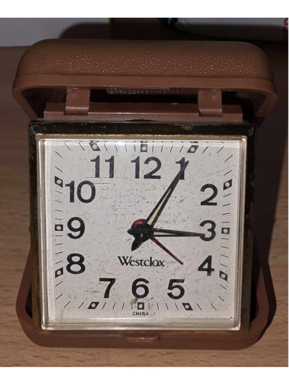 Vintage Westclox Wind Up Travel Alarm Clock Brown Folding Case Working